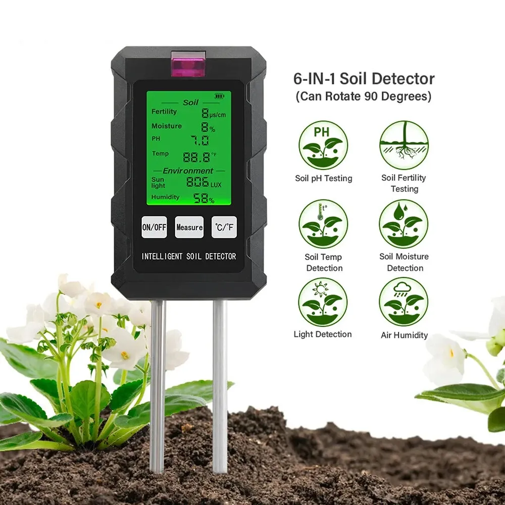 6-in-1 Soil Tester PH Temperature Humidity Sunlight Fertility Nutrient Meter with Digital Display for Gardening and Agriculture 6-in-1 Soil Tester PH Temperature Humidity Sunlight Fertility Nutrient Meter with Digital Display for Gardening and Agriculture