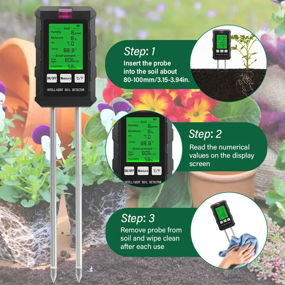 6-in-1 Soil Tester PH Temperature Humidity Sunlight Fertility Nutrient Meter with Digital Display for Gardening and Agriculture 6-in-1 Soil Tester PH Temperature Humidity Sunlight Fertility Nutrient Meter with Digital Display for Gardening and Agriculture