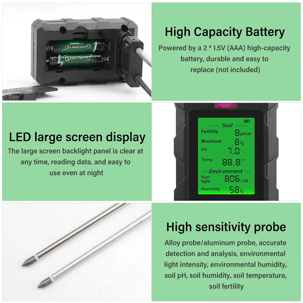 6-in-1 Soil Tester PH Temperature Humidity Sunlight Fertility Nutrient Meter with Digital Display for Gardening and Agriculture 6-in-1 Soil Tester PH Temperature Humidity Sunlight Fertility Nutrient Meter with Digital Display for Gardening and Agriculture