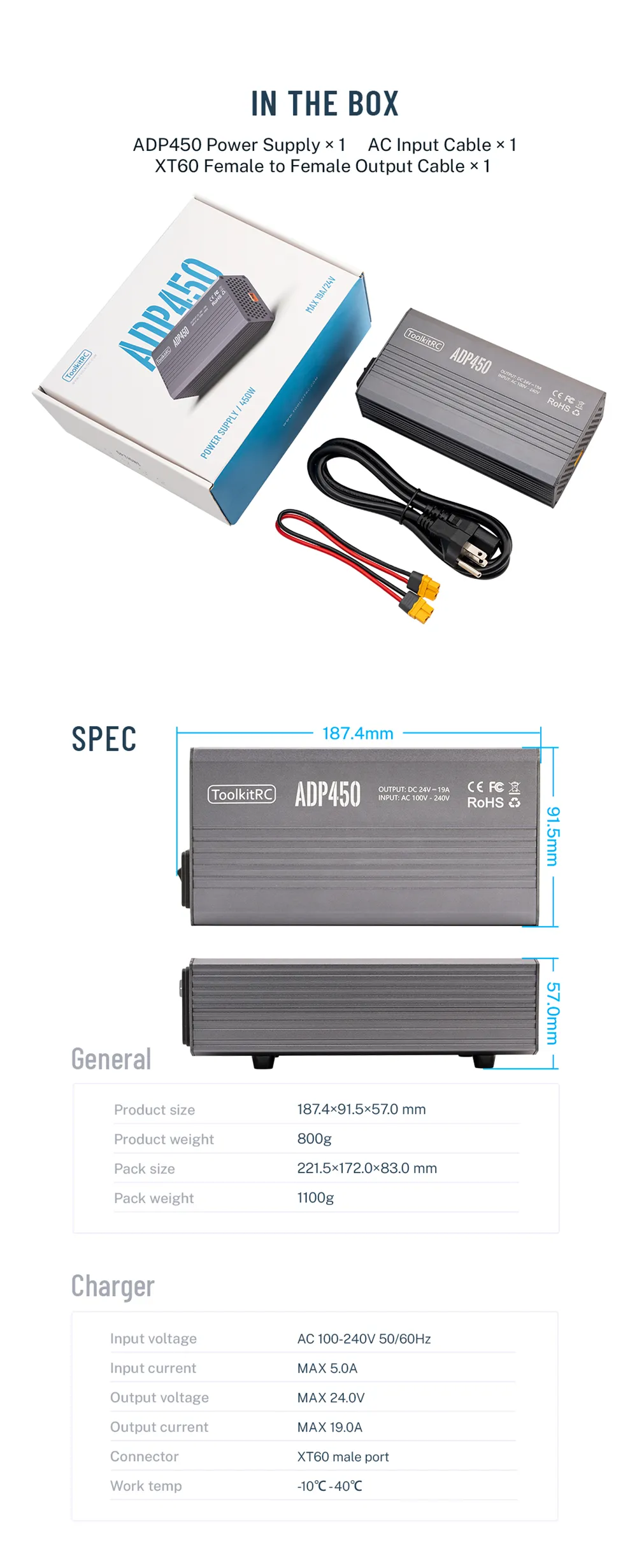 ToolkitRC ADP450 AC 450W 24V 19A XT60 Output Adapter for ToolkitRC M8D M6D M8P M9 Charger ToolkitRC ADP450 AC 450W 24V 19A XT60 Output Adapter for ToolkitRC M8D M6D M8P M9 Charger