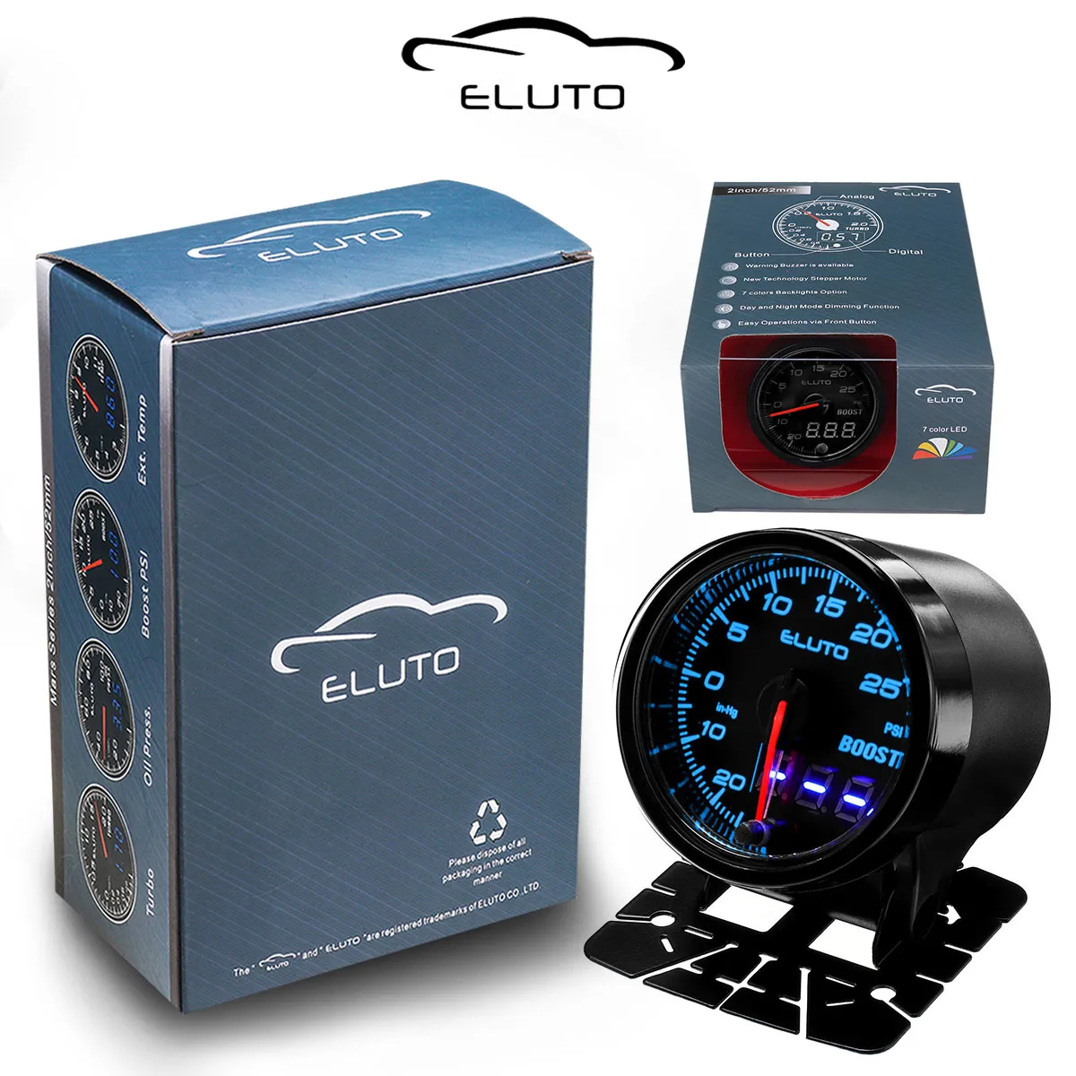 Car Turbo Boost Gauge 2 52mm PSI Meter Analog/Digital 7 Colors LED Du