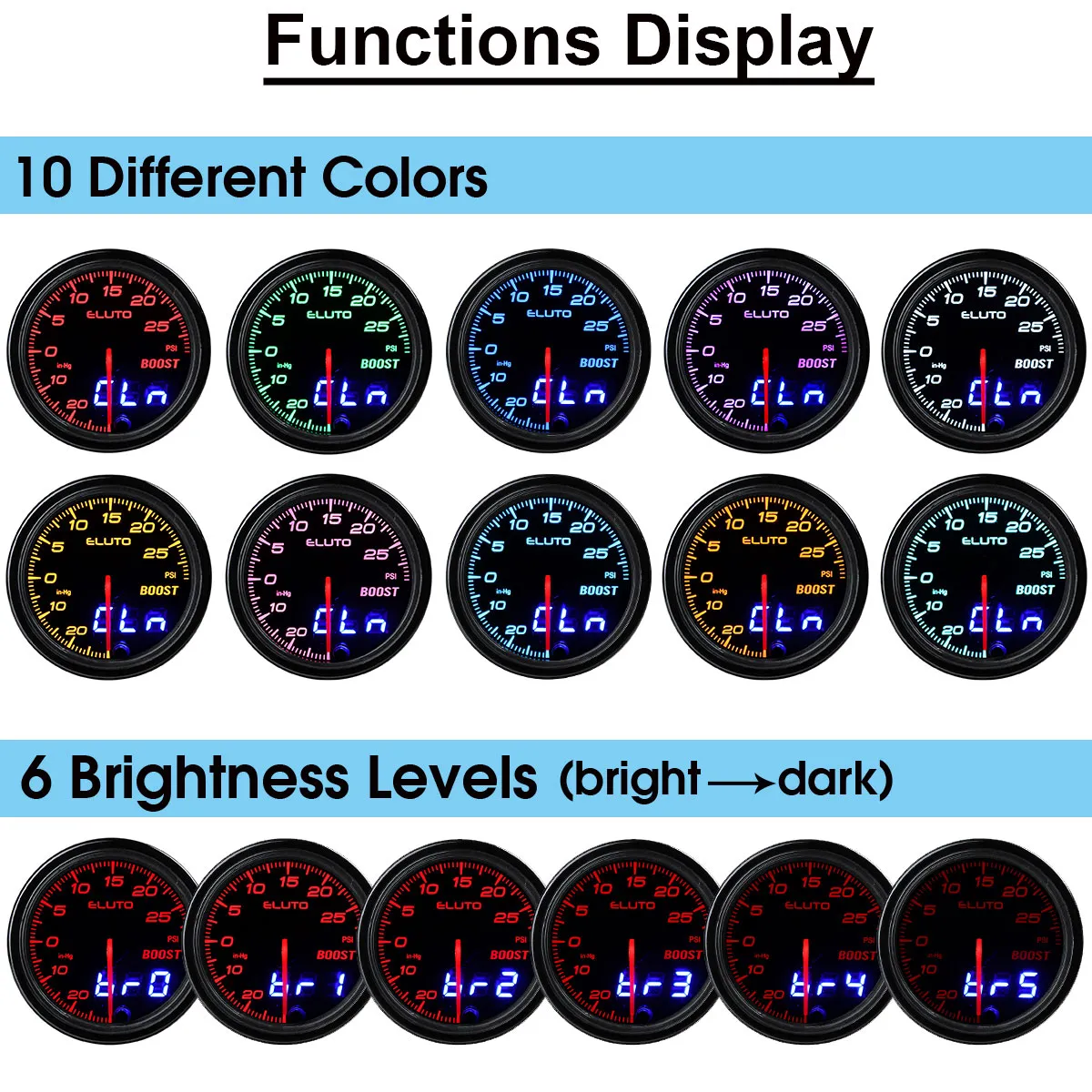 Car Turbo Boost Gauge 2 52mm PSI Meter Analog/Digital 7 Colors LED Du