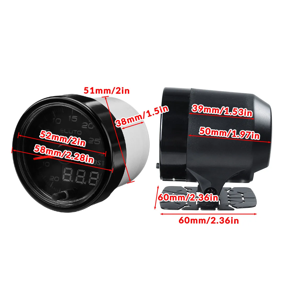 Car Turbo Boost Gauge 2 52mm PSI Meter Analog/Digital 7 Colors LED Du