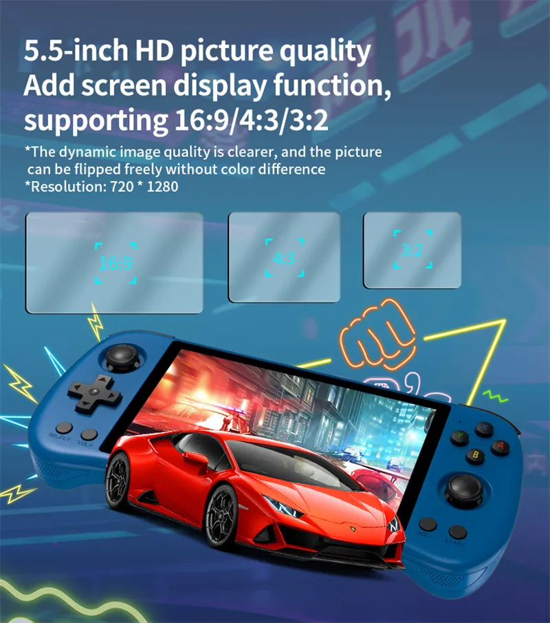 POWKIDDY X55 64GB Open Source Handheld Gaming Console RK3566 5.5-inch IPS Screen Built-in 6000+ Games Support HD Output 3D Joystick Video Game Player