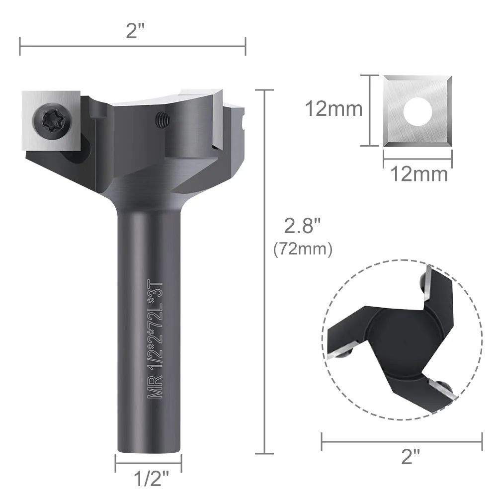 1/2 Inch Shank 3 Flutes CNC Carbide Spoilboard Surfacing Router Bit Slab Flattening Milling Cutter with 2 Cutting Diameter
