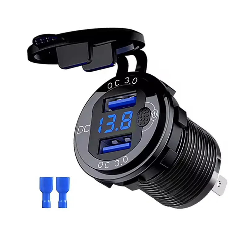 QC3.0 デュアルUSBカーチャージャー LED電圧表示 急速充電器 スイッチボタン付き LED電圧表示 12V/24V 車 ボート バイク用