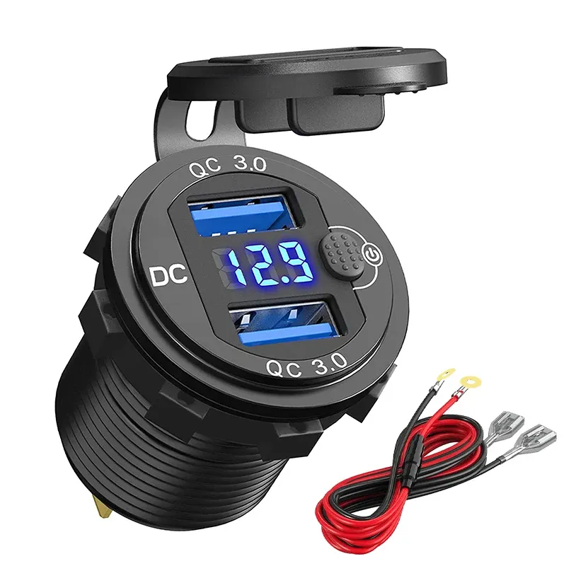 QC3.0 デュアルUSBカーチャージャー LED電圧表示 急速充電器 スイッチボタン付き LED電圧表示 12V/24V 車 ボート バイク用