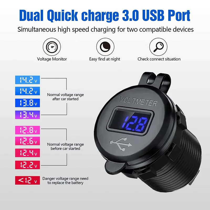 QC3.0 デュアルUSBカーチャージャー LED電圧表示 急速充電器 スイッチボタン付き LED電圧表示 12V/24V 車 ボート バイク用