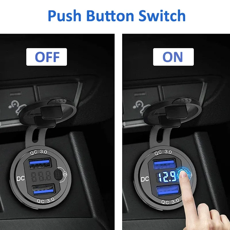 QC3.0 デュアルUSBカーチャージャー LED電圧表示 急速充電器 スイッチボタン付き LED電圧表示 12V/24V 車 ボート バイク用