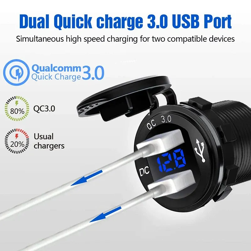 QC3.0 デュアルUSBカーチャージャー LED電圧表示 急速充電器 スイッチボタン付き LED電圧表示 12V/24V 車 ボート バイク用