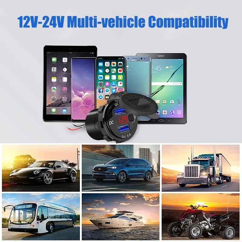 QC3.0 デュアルUSBカーチャージャー LED電圧表示 急速充電器 スイッチボタン付き LED電圧表示 12V/24V 車 ボート バイク用