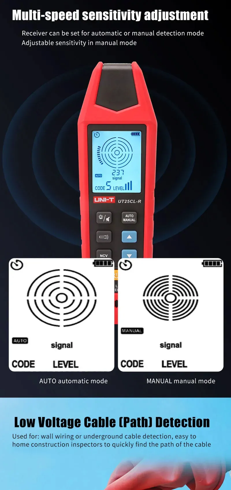 UNI-T UT25CL-T ハンドヘルドケーブルロケーター 33KHz信号周波数 8V-480V電圧テスト LCDディスプレイ CAT III 480V 地下ケーブル経路追跡用