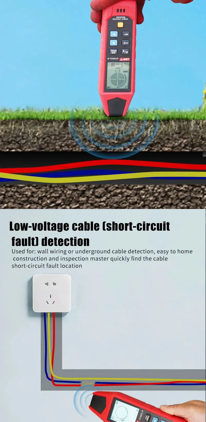 UNI-T UT25CL-T ハンドヘルドケーブルロケーター 33KHz信号周波数 8V-480V電圧テスト LCDディスプレイ CAT III 480V 地下ケーブル経路追跡用