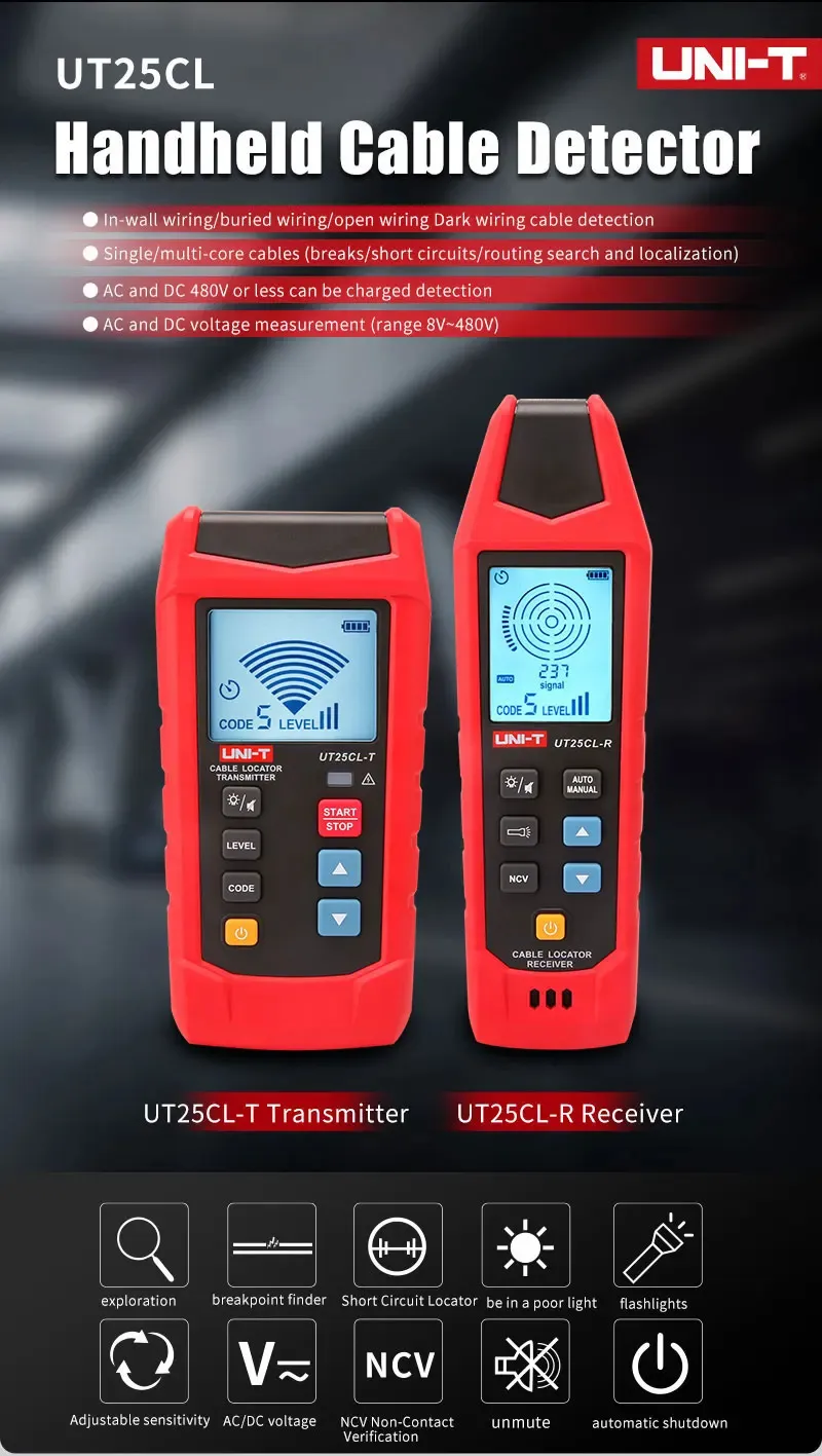 UNI-T UT25CL-T ハンドヘルドケーブルロケーター 33KHz信号周波数 8V-480V電圧テスト LCDディスプレイ CAT III 480V 地下ケーブル経路追跡用