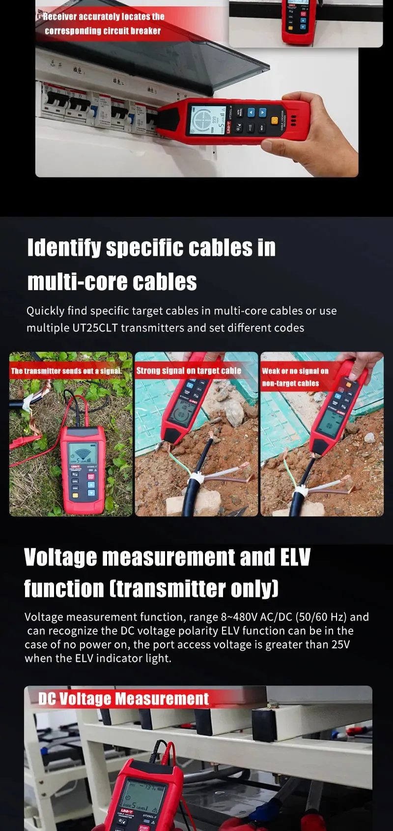 UNI-T UT25CL-T ハンドヘルドケーブルロケーター 33KHz信号周波数 8V-480V電圧テスト LCDディスプレイ CAT III 480V 地下ケーブル経路追跡用