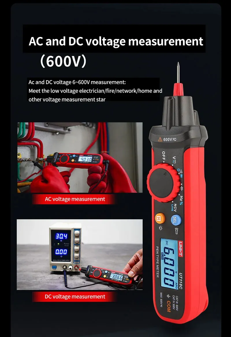 UNI-T Pen-Type Meter Digital UT118C 600V DC AC Voltmeter True RMS Frequency Meter NCV Capacitance Resistance Test