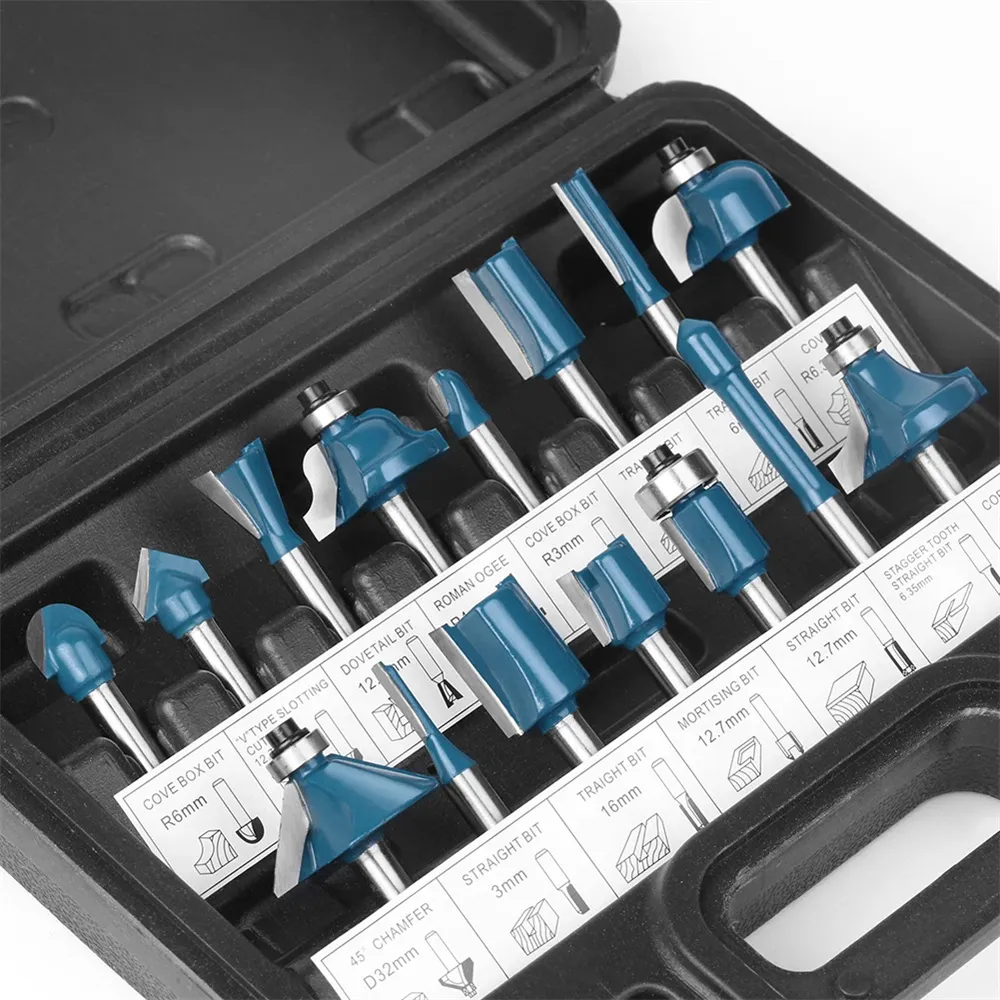 15PCS 1/4 Inch 6.35mm Shank Tungsten Carbide Wood Router Bits Set Chamfer Router Bit Milling Cutter for for Trimming / CNC Machine Engraving
