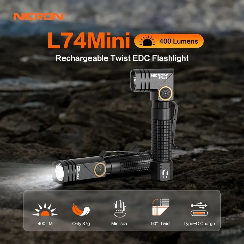 Nicron L74 Mini Tiny 400 Lumens Tactical EDC Flashlight L-shape LED Torch Rechargeable with Magnet 90 Degree IP65 Waterproof Led Pocket Light Nicron L74 Mini Tiny 400 Lumens Tactical EDC Flashlight L-shape LED Torch Rechargeable with Magnet 90 Degree IP65 Waterproof Led Pocket Light