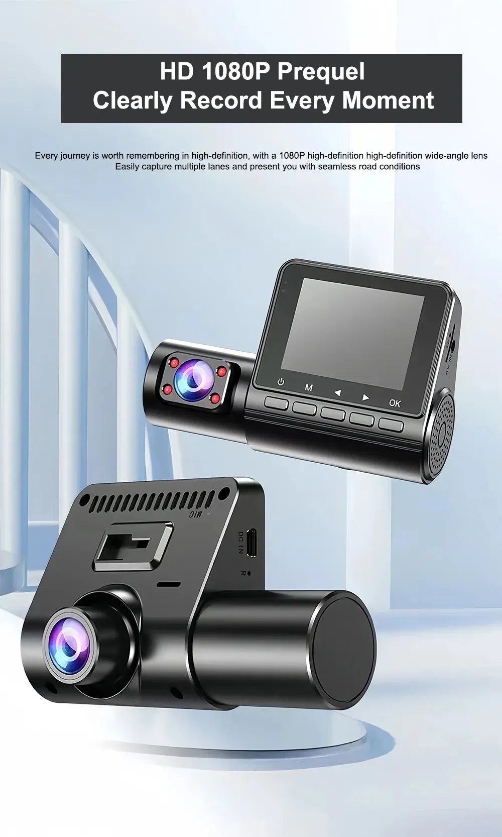 3 Lens Car Dash Cam Front Inside Rear Lens Car Driving Recorder HD 1080P Rear Camera Night Vision Dual-Angle Car DVR Driving Video Recorder