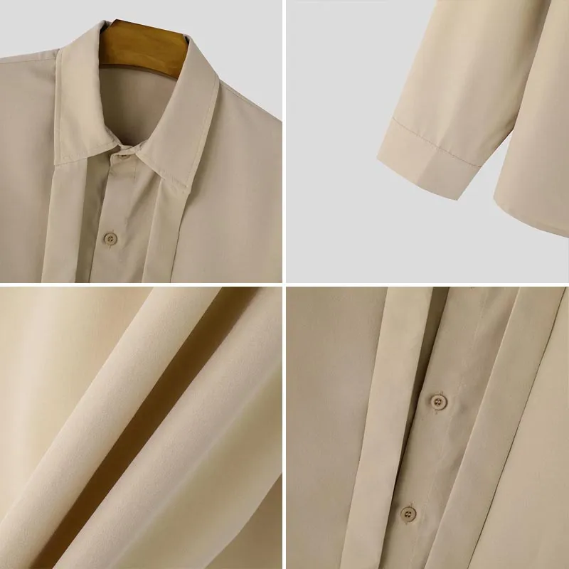 INCERUN Mens Deconstructed Tie-Detail Long Sleeve Shirt Fashion Solid Color Button Lapel Top Shirts for Male