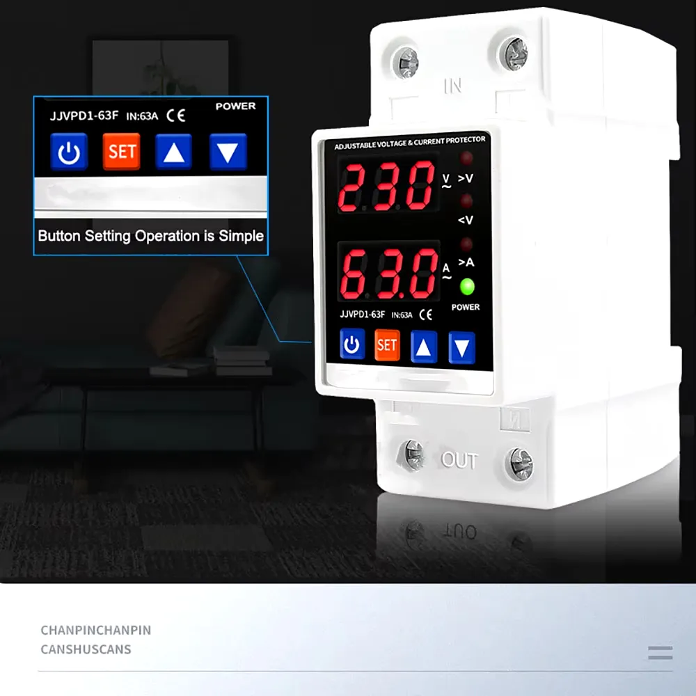 Dual Display 40A 63A 80A 230V Din Rail Adjustable Digital Over Under Voltage Relay Surge Protector Limit Over Current Protection