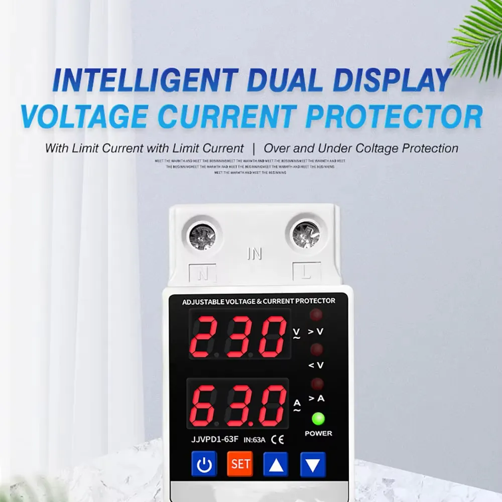Dual Display 40A 63A 80A 230V Din Rail Adjustable Digital Over Under Voltage Relay Surge Protector Limit Over Current Protection