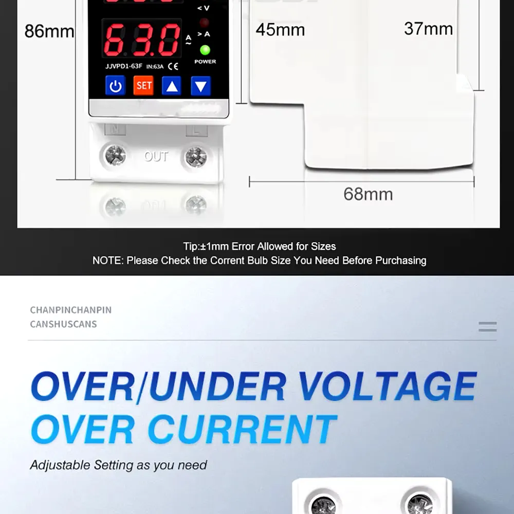 Dual Display 40A 63A 80A 230V Din Rail Adjustable Digital Over Under Voltage Relay Surge Protector Limit Over Current Protection