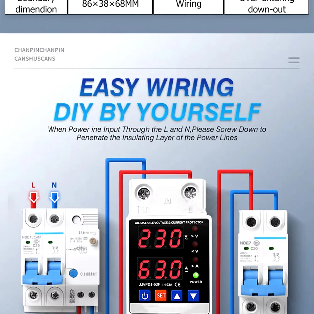 Dual Display 40A 63A 80A 230V Din Rail Adjustable Digital Over Under Voltage Relay Surge Protector Limit Over Current Protection
