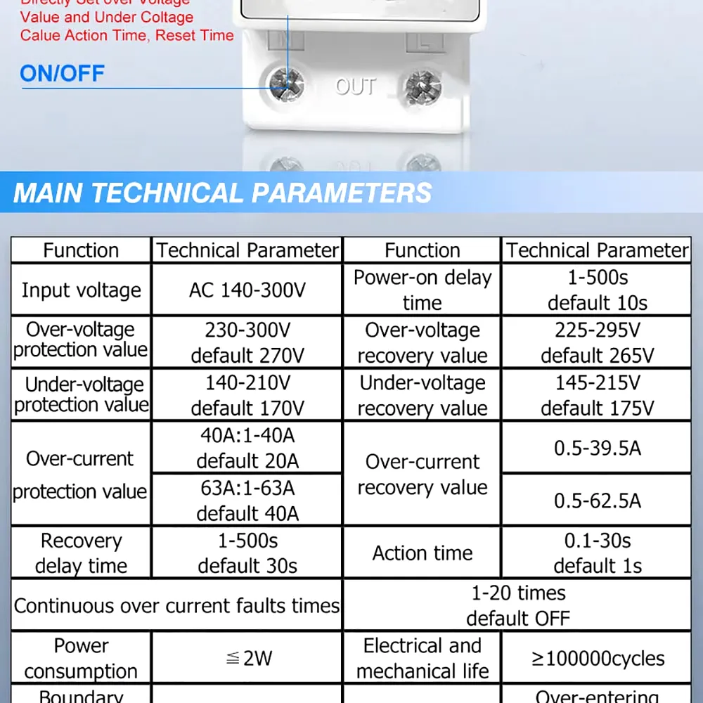 Dual Display 40A 63A 80A 230V Din Rail Adjustable Digital Over Under Voltage Relay Surge Protector Limit Over Current Protection