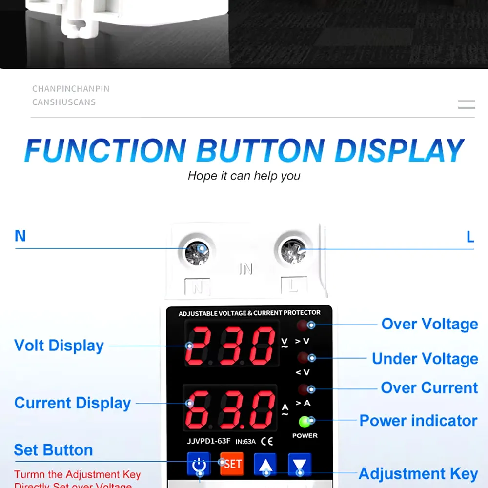 Dual Display 40A 63A 80A 230V Din Rail Adjustable Digital Over Under Voltage Relay Surge Protector Limit Over Current Protection