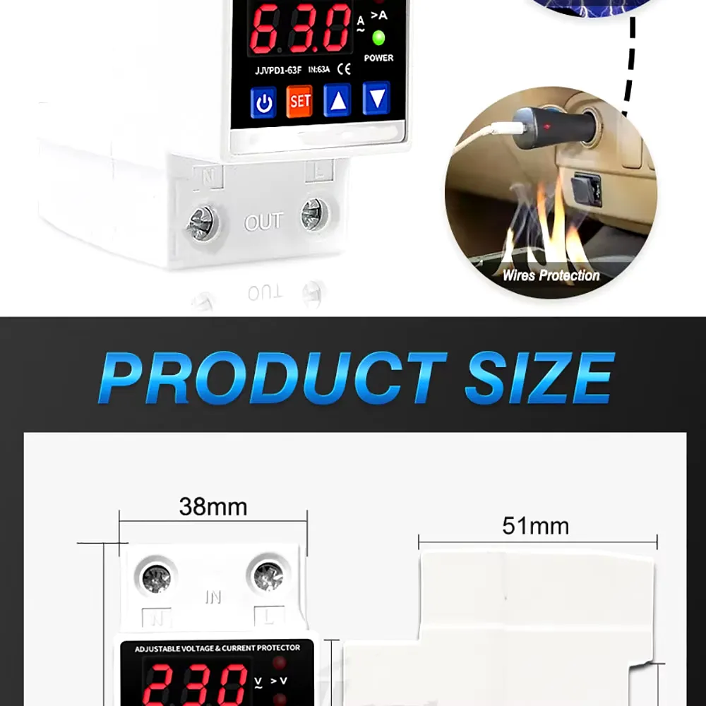 Dual Display 40A 63A 80A 230V Din Rail Adjustable Digital Over Under Voltage Relay Surge Protector Limit Over Current Protection