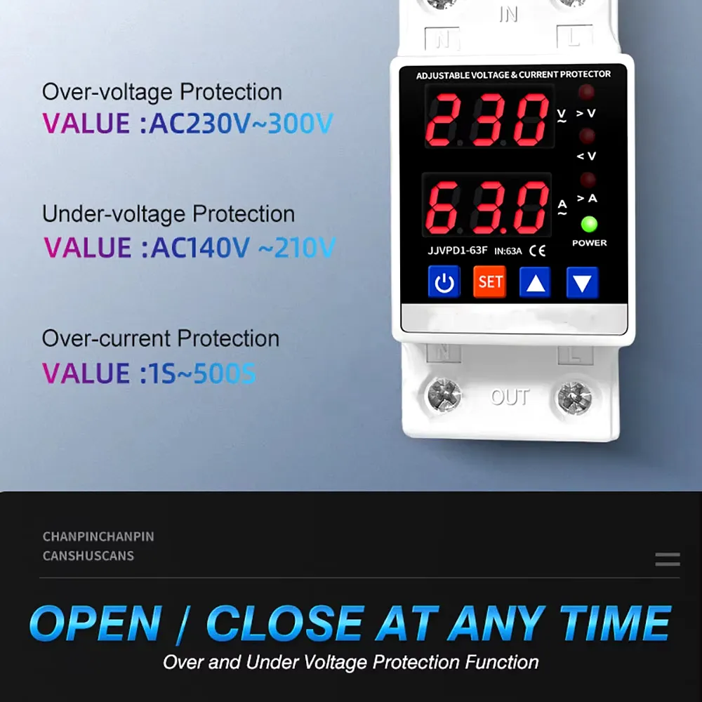 Dual Display 40A 63A 80A 230V Din Rail Adjustable Digital Over Under Voltage Relay Surge Protector Limit Over Current Protection