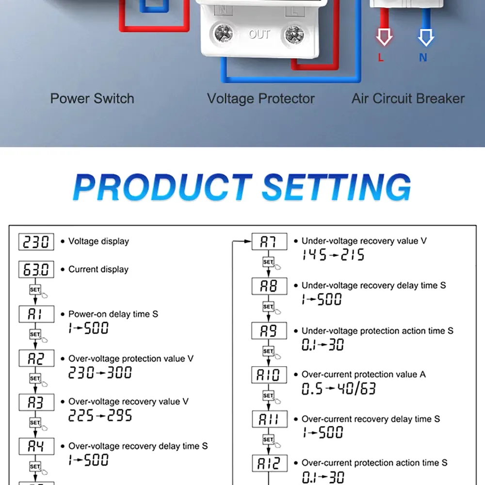 Dual Display 40A 63A 80A 230V Din Rail Adjustable Digital Over Under Voltage Relay Surge Protector Limit Over Current Protection