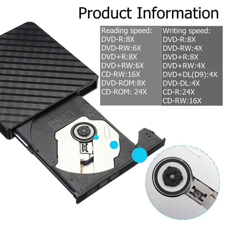 USB3.0 Slim External DVD RW CD Writer Drive Burner Reader Player Portable Optical Drives for Laptop PC DVD Burner DVD
