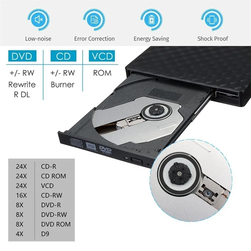 USB3.0 Slim External DVD RW CD Writer Drive Burner Reader Player Portable Optical Drives for Laptop PC DVD Burner DVD