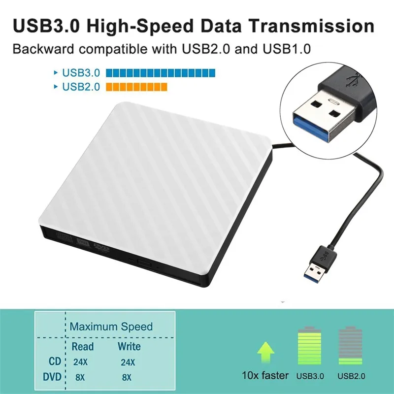 USB3.0 Slim External DVD RW CD Writer Drive Burner Reader Player Portable Optical Drives for Laptop PC DVD Burner DVD