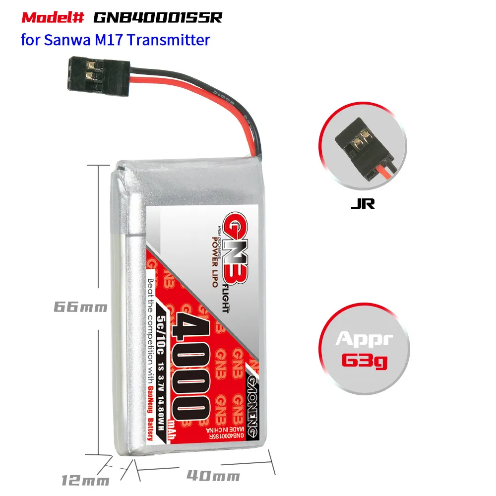 GAONENG 3.7V 4000mAh 5C 1S LiPo Battery JR Plug for Sanwa M17 Transmitter Receiver