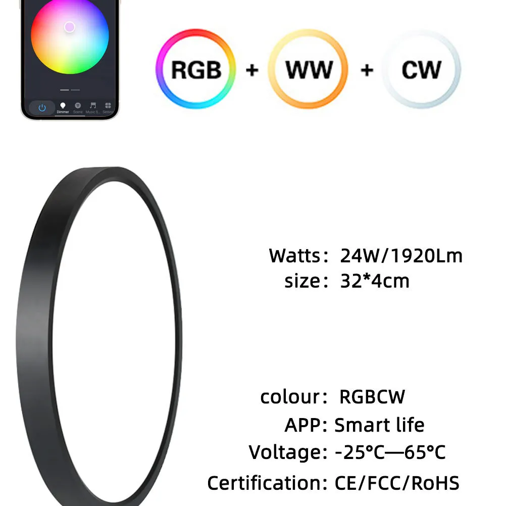LIXINCORDA 24W WIFI Smart Ceiling Lamp Bluetooth RGBCW Colorful 1920lm Bedroom Lamp Works With Tuya Alexa Google