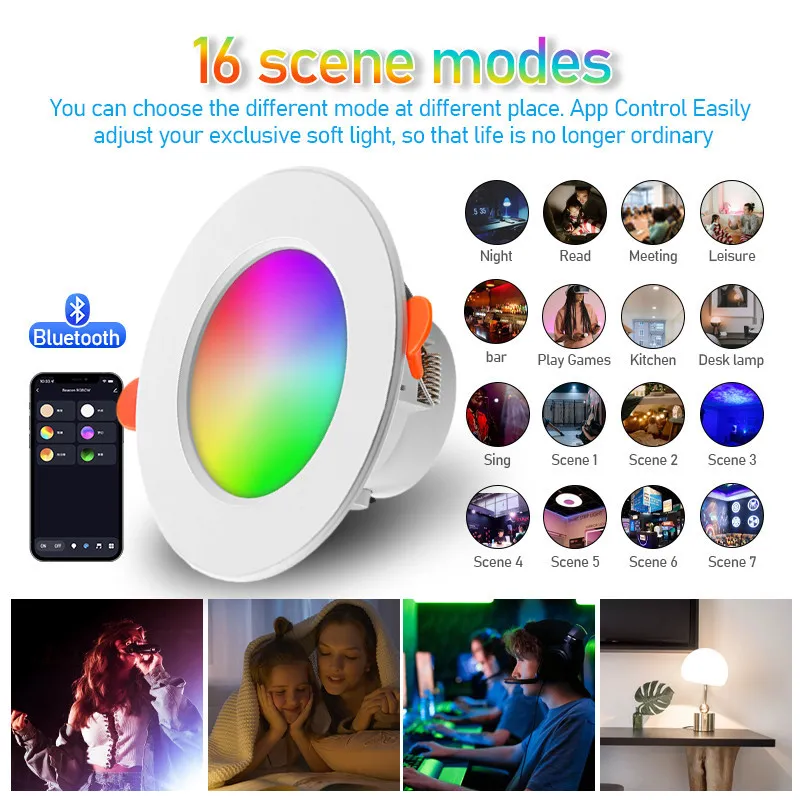 10W LED Smart Downlight RGB+CCT 16 Million Colors 2700K~6500K 800 Lumens Works With Alexa Voice Tuya Bluetooth APP Control