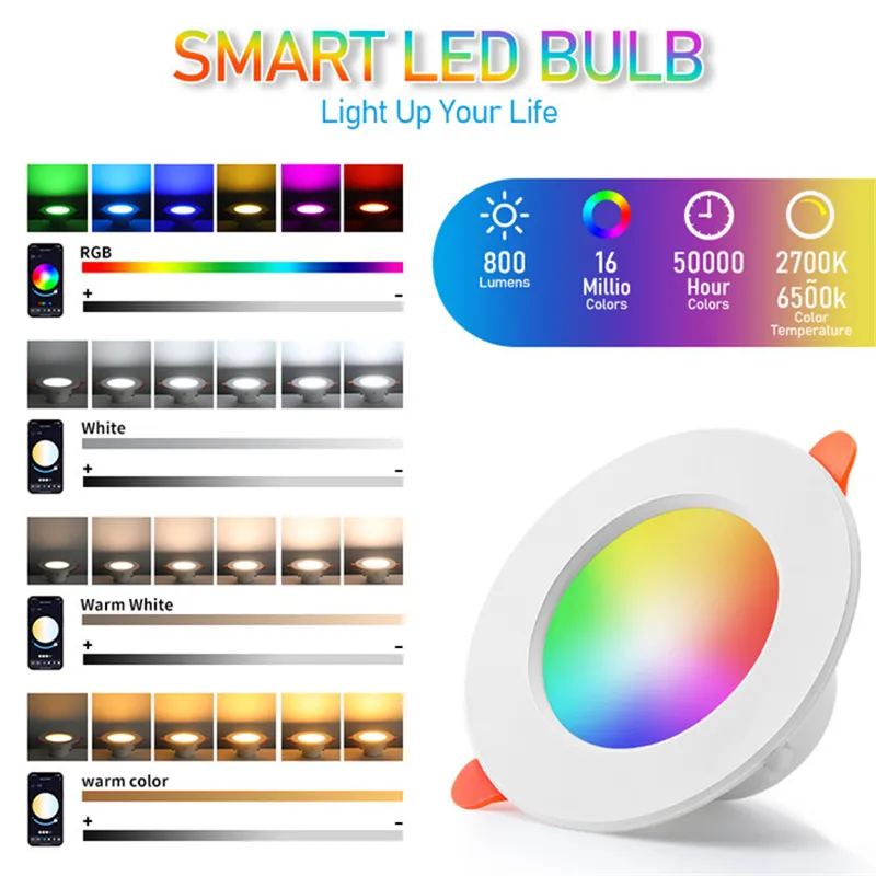 10W LED Smart Downlight RGB+CCT 16 Million Colors 2700K~6500K 800 Lumens Works With Alexa Voice Tuya Bluetooth APP Control