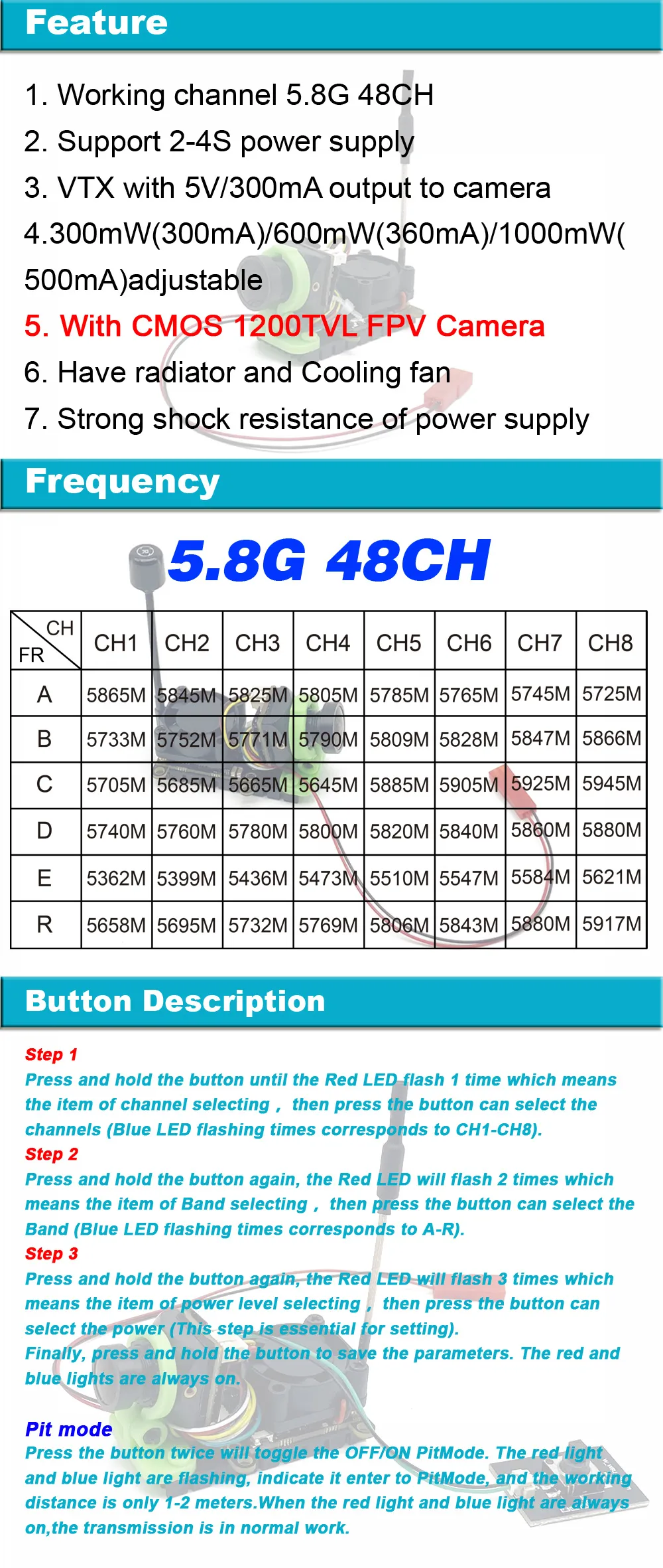 EWRF 5.8G 48CH 300/600/1000mW Adjustable CMOS 1200TVL VTX Camera Support 2-4S Power Suitable for RC Models