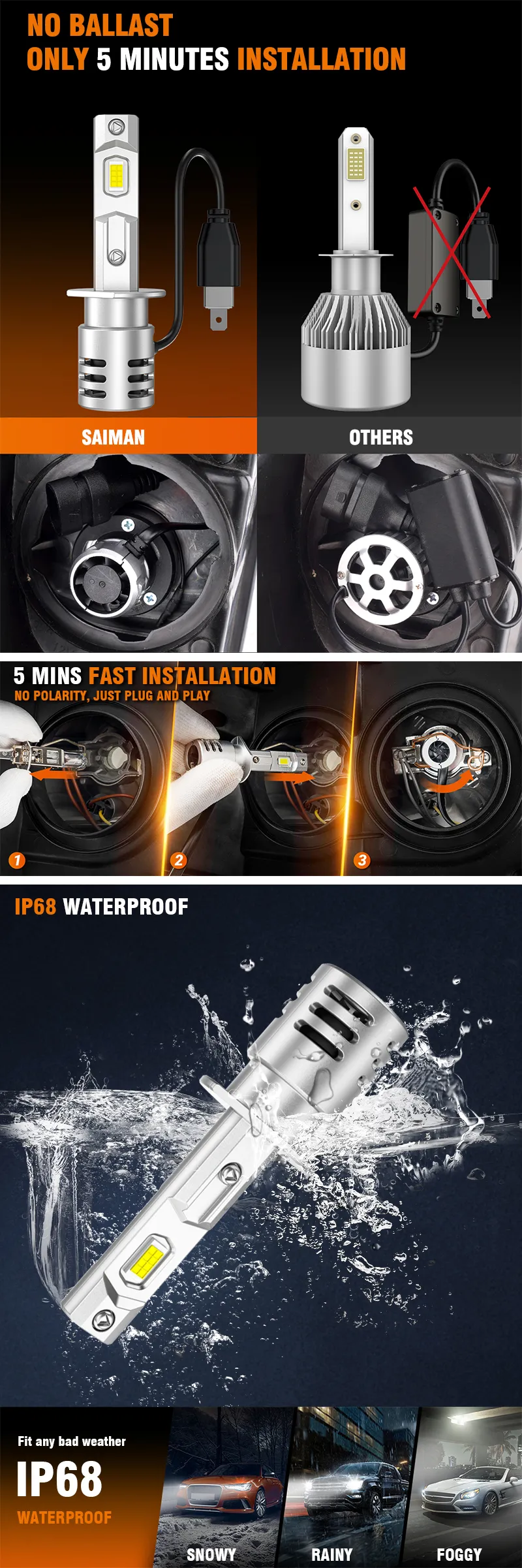 SEALIGHT X5 H1 2PCS Car LED Headlight Bulbs 6000LM LED Front Headlamps Hi Low Beam 6500K Super Bright Light 3570 LED Chips
