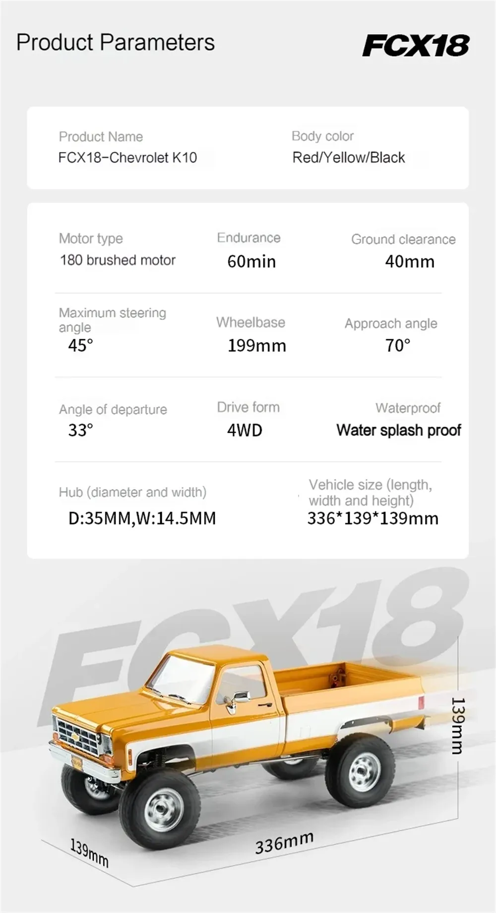 FMS FCX18 Chevrolet K10 RTR 1/18 2.4G 4WD RC Car Rock Crawler Two Speed LED Light Pickup Off Road Climbing Truck Vehicles Models Remote Control Toys