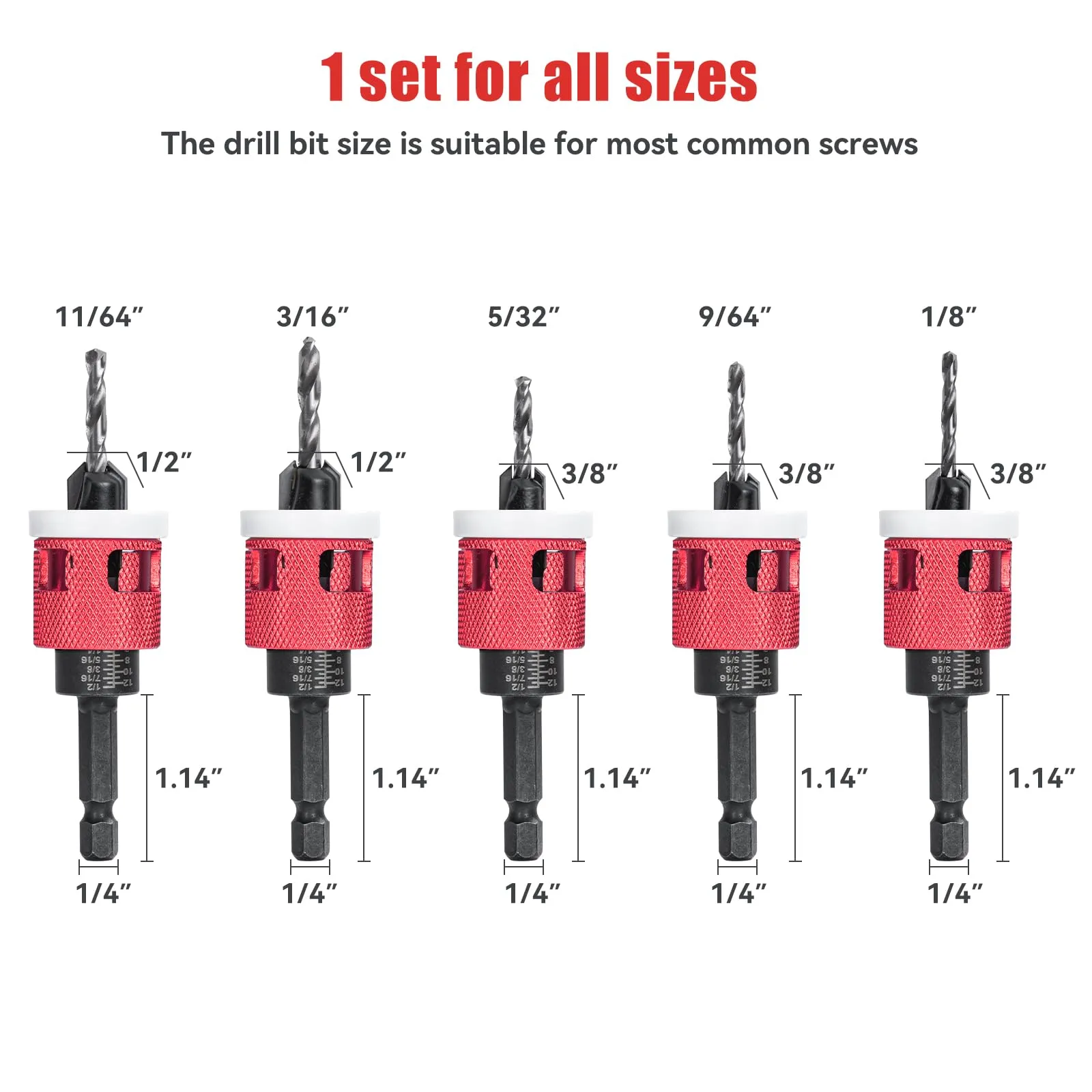 5PCS 1/4 Inch Hex Shank Countersink Drill Bits Set with Low Friction Stop for Wood Plastic MDF Drilling