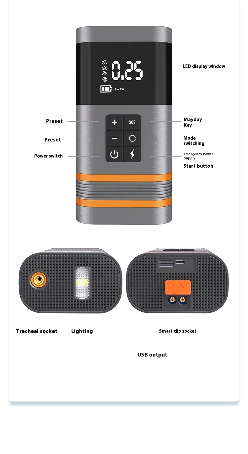 2 In 1 Portable Car Air Pump Emergency Jump Starter Power Bank Inflator with LED Light Fast Inflation Emergency Power Supply