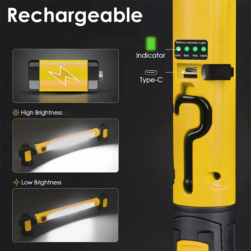 Super Bright Magnetic Work Light For Car Repairing Emergency USB Rechargeable Rotating Magnetic Base with Hooks