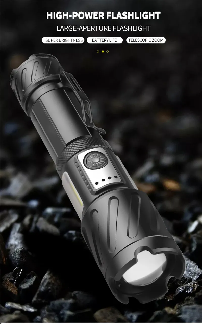 Bikight Powerful Zoomable Flashlight with COB Sidelight with 18650 Battery Magnet Tail, High Power Tactical Torch USB Rechargeable LED Lantern