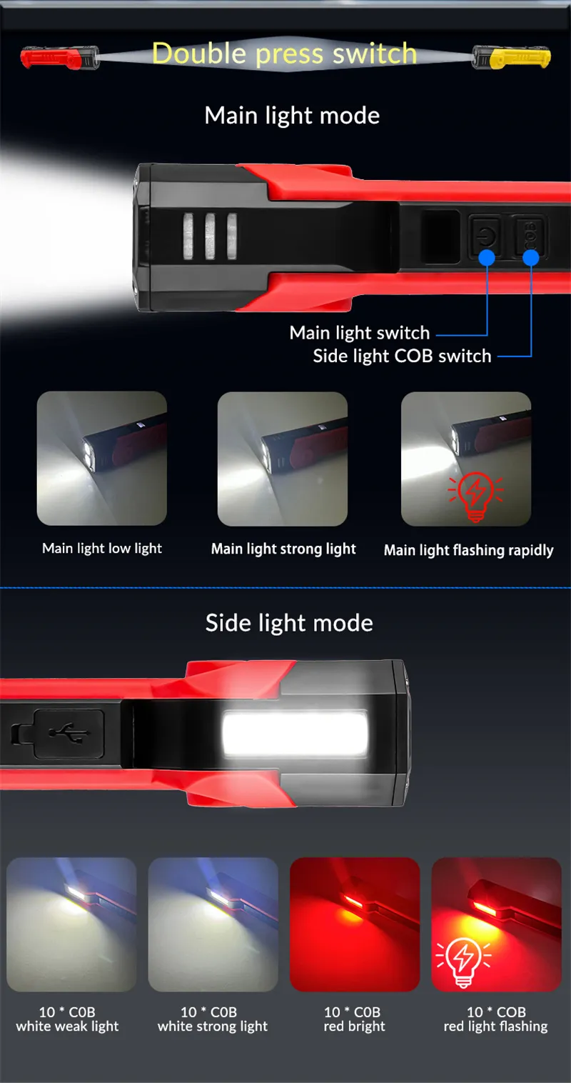 Bikight LED COB 600LM 180° Rotation Multifunctional Magnetic Flashlight USB Rechargeable Work Light Lanterna Hanging Lamp