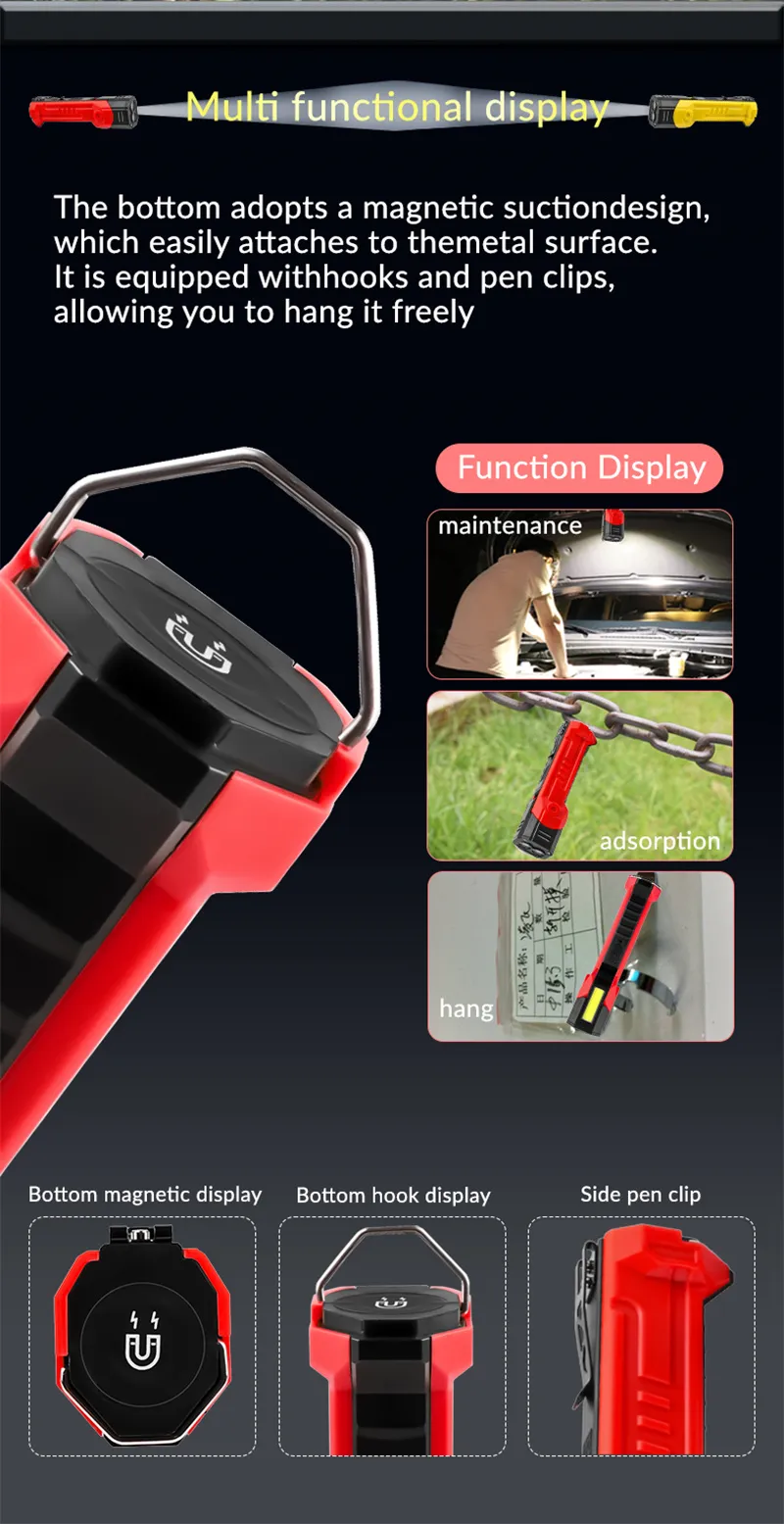 Bikight LED COB 600LM 180° Rotation Multifunctional Magnetic Flashlight USB Rechargeable Work Light Lanterna Hanging Lamp