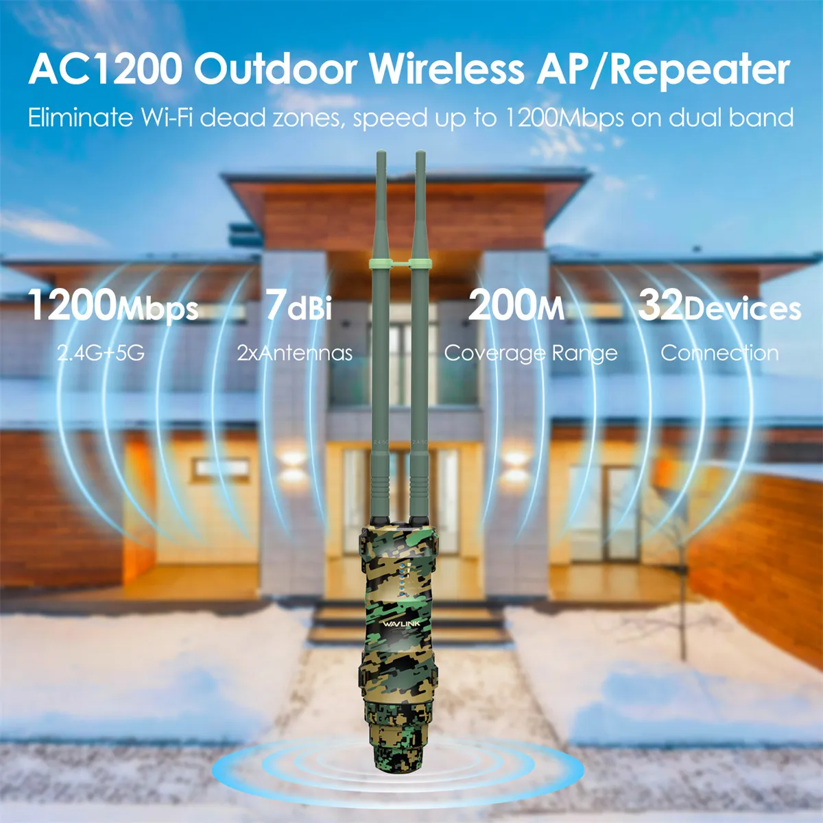 WAVLINK AC1200 Dual Band Outdoors Router 200M Long Range Access Point WiFi Extender with PoE IP67 Waterproof 2x7dBi High-Gain Antennas